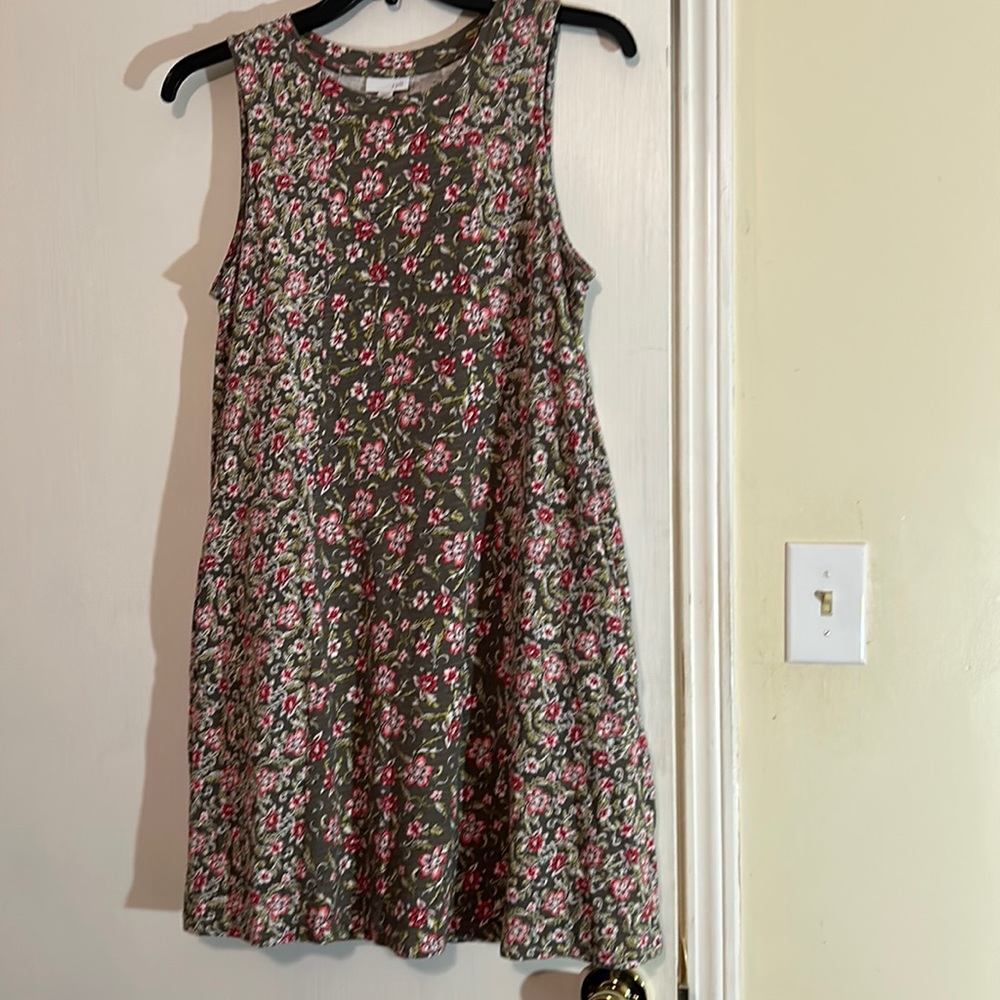 J. Jill Medium Petite Olive Green Pink  Floral Sleeveless MIDI Dress